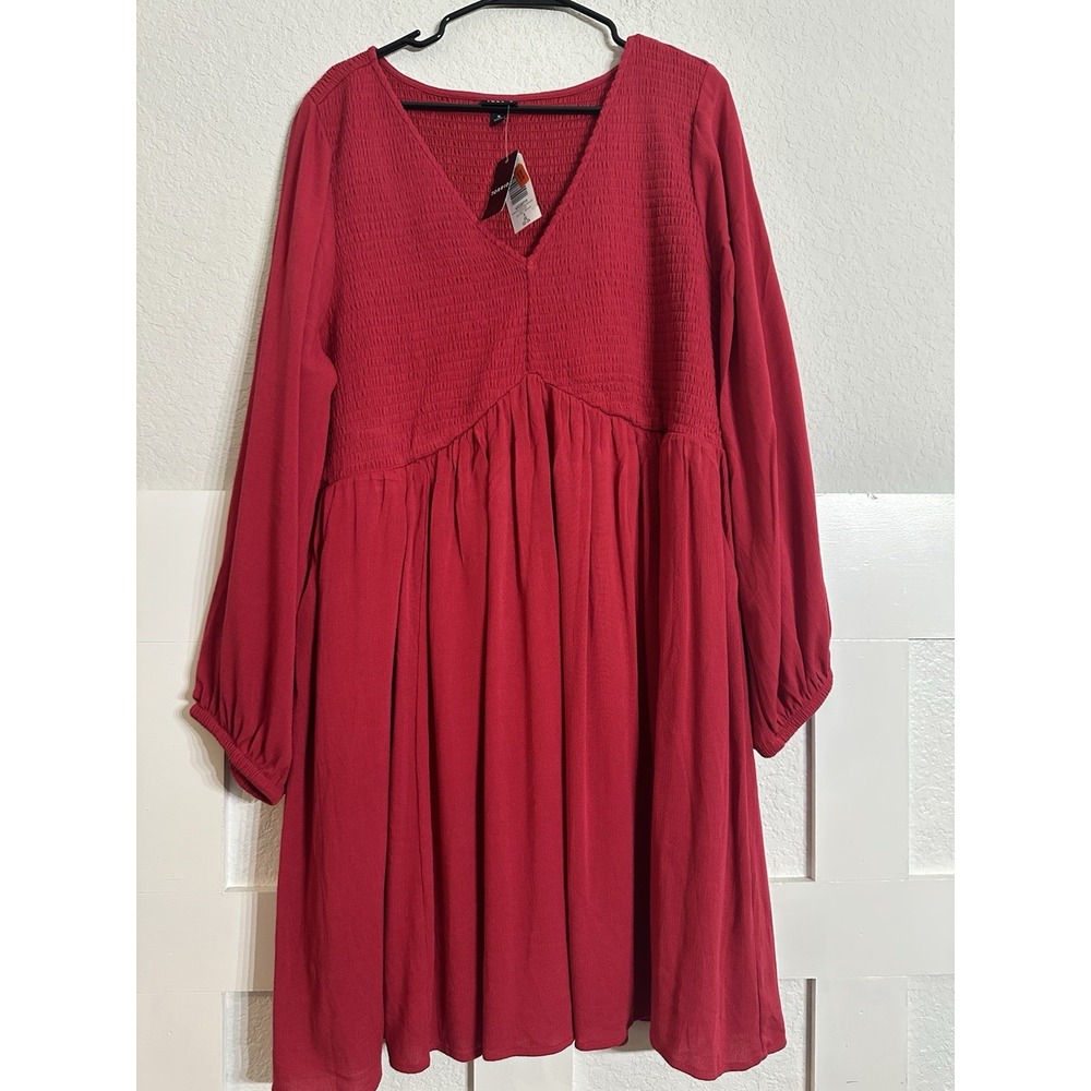 Torrid Babydoll Mini Dress Red 3x Smocked Bodice Long Sleeve Gauze Woven Lined